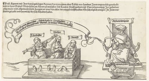 Gerechtigheid, Waarheid en Vernuft geketend; de onrechtvaardige rechter en de Vredelievendheid by Albrecht Dürer