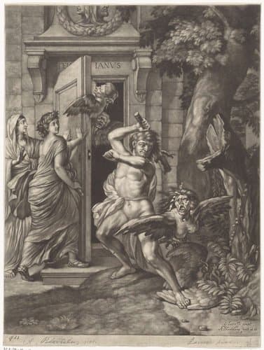 Allegorie op de Vrede van Nijmegen (1678): Hercules verslaat de harpijen voor de tempel van Janus by Abraham Bloteling