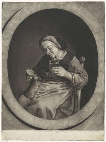 Zittende plattelandsvrouw met een kan en een glas in haar handen by Cornelis Dusart