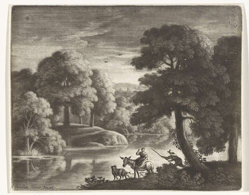 Landschap met herder en herderin by Pieter Louw