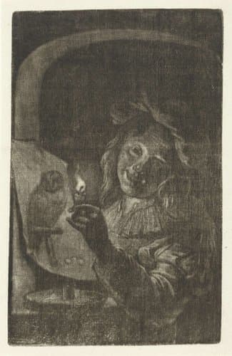 Jongen met een prent waarop een uil bij kaarslicht by Aert Schouman