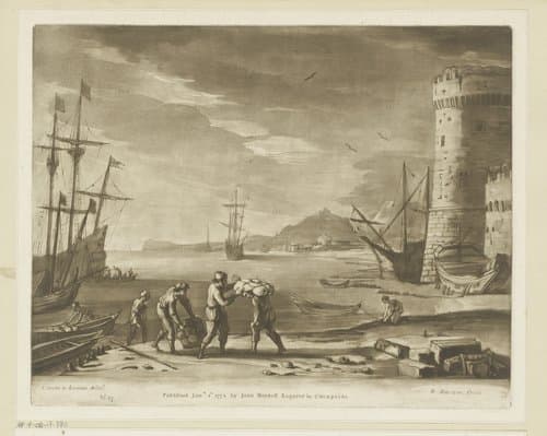 Zeehaven met figuren die koopwaar inladen op een roeiboot by Richard Earlom