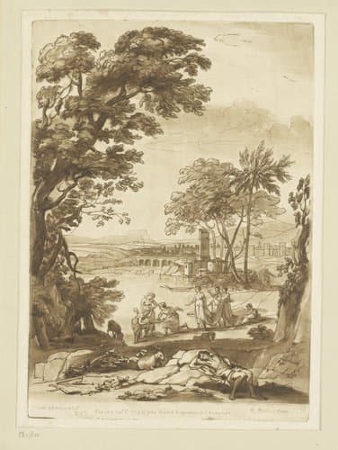 Landschap bij een meer met het vinden van Mozes by Richard Earlom