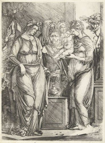 Vier vrouwen offeren jongen bij beeld van Priapus by Jacopo de'Barbari
