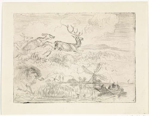 Studieblad met rennende herten, een pijprokende man en een landschap met molen by Johannes Tavenraat