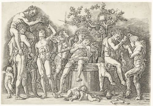 Bacchanaal met satyrs en bacchanten bij wijnpers by Andrea Mantegna
