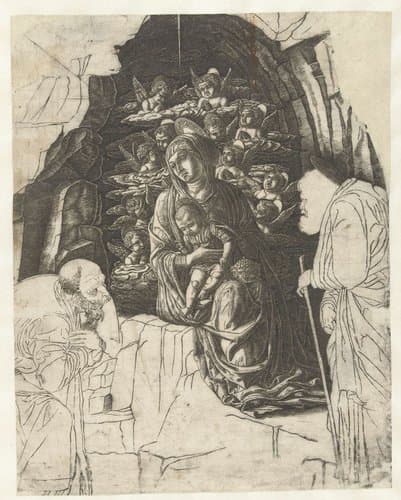 Maria met kind omgeven door engelen in grot met Jozef en koning in aanbidding by Andrea Mantegna