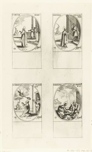 Heilige Victor van Braga, Heilige Justinus de Filosoof, Heilige Tiburtius en Heilige Valerianus van Rome, Heilige Basilissa en Heilige Anastasia van Rome (12-15 april) by Jacques Callot