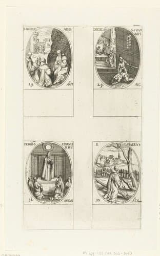 Heilige Medericus van Autun, Heilige Johannes de Doper, Heilige Fiacrius van Brie, Gordel van Maria (29-31 augustus) by Jacques Callot