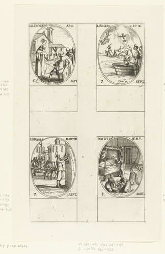 Heilige Eleutherius van Spoleto, Heilige Regina van Alise-Sainte-Reine, Heilige Johannes Martyr, Geboorte van Maria (Maria-Geboorte) (6-8 september) by Jacques Callot