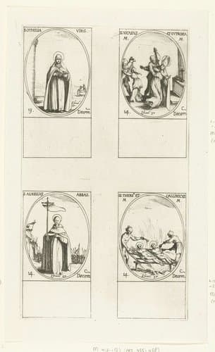 Heilige Odilia van Odilienberg, Heilige Nicasius en Heilige Eutropia van Reims, Heilige Agnellus van Napels, Heilige Thyrsus en Heilige Callinicus van Apollonia (13-14 december) by Jacques Callot