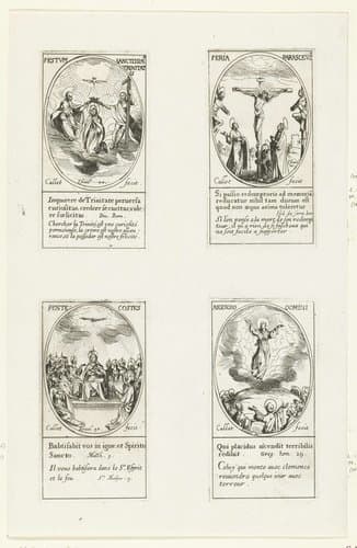 Maria door de Heilige Drie-eenheid gekroond (Drievuldigheidszondag), Kruisiging (Goede Vrijdag), Neerdaling van de Heilige Geest (Pinksteren), Hemelvaart van Christus (Hemelvaart) by Jacques Callot