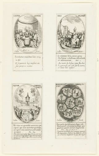 Laatste Avondmaal (Witte Donderdag), Intocht in Jeruzalem (Palmpasen), Aanbidding van de hostie (Sacramentsdag), Maria te midden van zeven scènes uit haar leven (Mariafeesten) by Jacques Callot