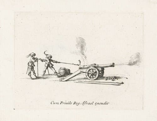 Exercities met een kanon: afvuren van een kanon by Jacques Callot