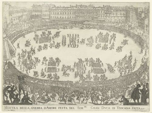 Carnaval te Florence: optocht van soldaten en praalwagens by Jacques Callot