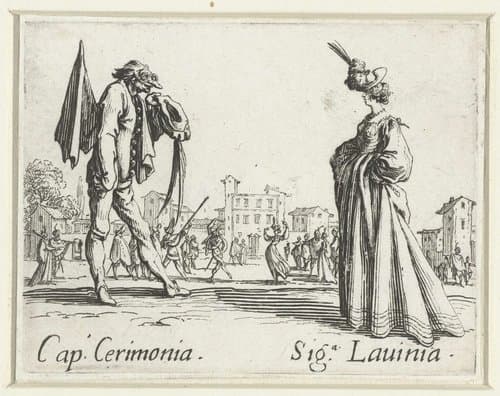 Twee straatartiesten als Capitano Cerimonia en Signora Lavinia by Jacques Callot