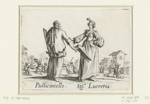 Twee straatartiesten als Pulliciniello en Signora Lucretia by Jacques Callot