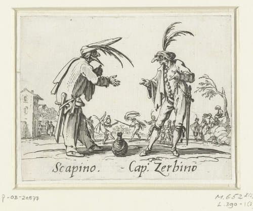 Twee straatartiesten als Scapino en Capitano Zerbino by Jacques Callot