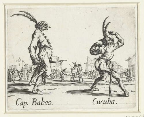 Twee straatartiesten als Capitano Babeo en Cucuba by Jacques Callot