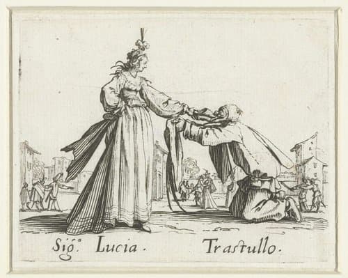 Twee straatartiesten als Signora Lucia en Trastullo by Jacques Callot
