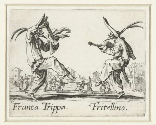 Twee straatartiesten als Franca Trippa en Fritellino by Jacques Callot