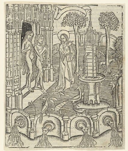 God toont Adam en Eva het Paradijs by Master of Delft