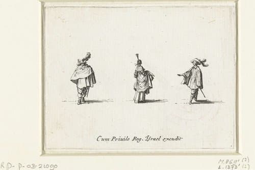Dame, een slip van haar rok over de rechterarm, op de rug gezien, tussen twee heren by Jacques Callot