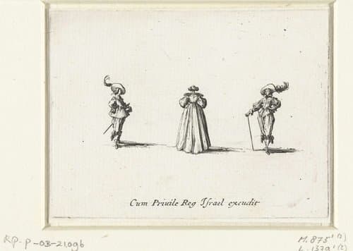 Dame, op rug gezien, tussen twee heren by Jacques Callot