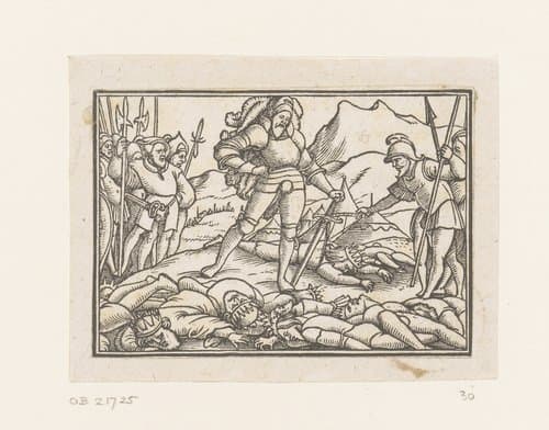 Jozua als legeraanvoerder van Israëlieten met lichamen van de verslagen koningen by anonymous; Hans Holbein (II)