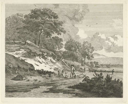 Duinlandschap met rustende jagers by F.W. Musculus