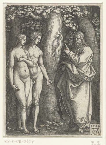 God waarschuwt Adam en Eva by Heinrich Aldegrever