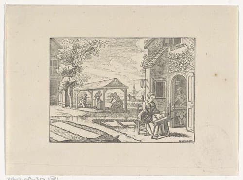 Figuren in een textielwerkplaats aan het werk by Hendrik Numan