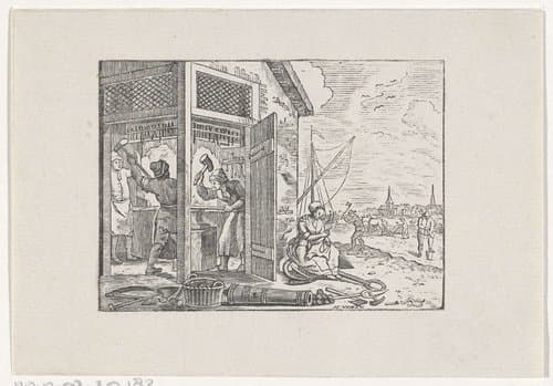Figuren in een smederij en op het land aan het werk by Hendrik Numan