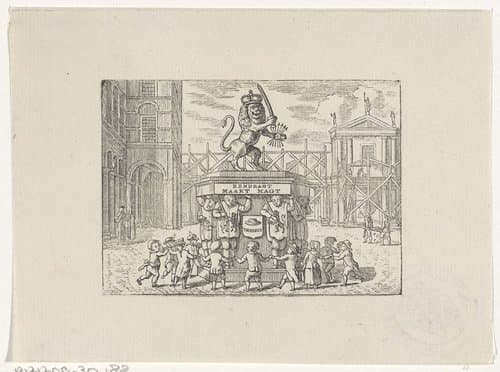 Kinderen dansend in een kring om een monument van de Zeven Provinciën by Hendrik Numan