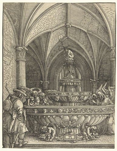De Heilige Familie bij de bron by Albrecht Altdorfer