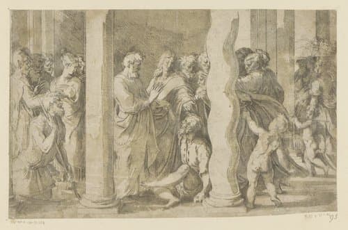 Petrus en Johannes genezen een verlamde man bij de tempelpoort by Parmigianino