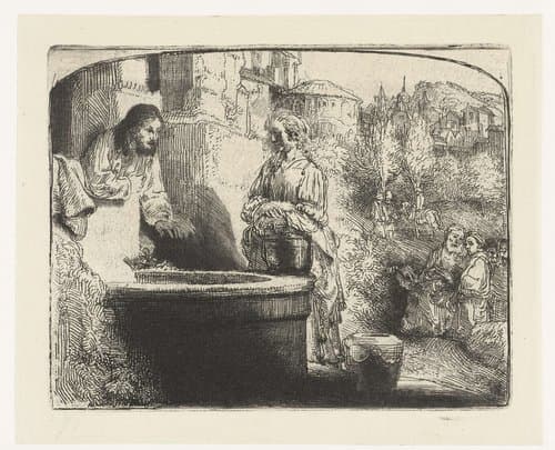 Christ and the woman of Samaria: an arched print by Rembrandt van Rijn