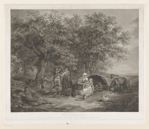 Groep mensen bij een tent maken een kampvuur by Joseph Grozer