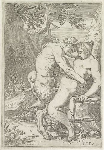 Sater bedrijft de liefde met een nimf by Agostino Carracci