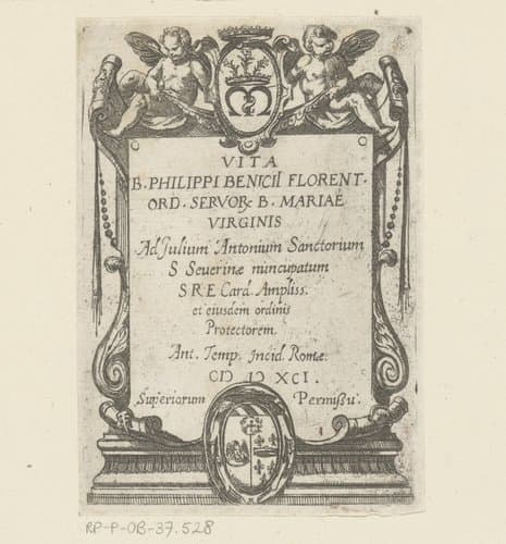 Titelprent met cartouche met putti en twee wapenschilden by Antonio Tempesta