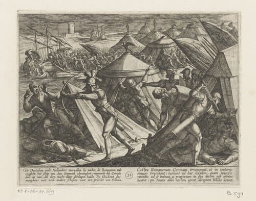 Nederlanders en Duitsers vallen het Romeinse kamp aan en veroveren de boot van Cerialis by Antonio Tempesta