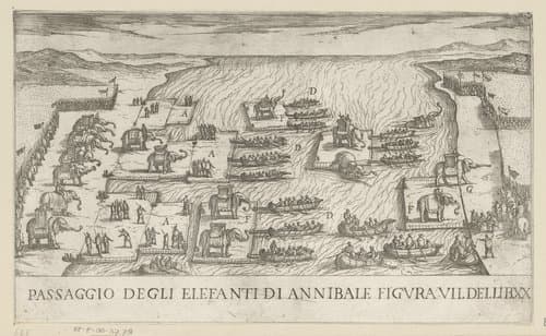 De olifanten van Hannibal steken de rivier de Rhône over by Antonio Tempesta