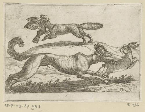 Een vos valt een kip aan en een hond een haas by Antonio Tempesta