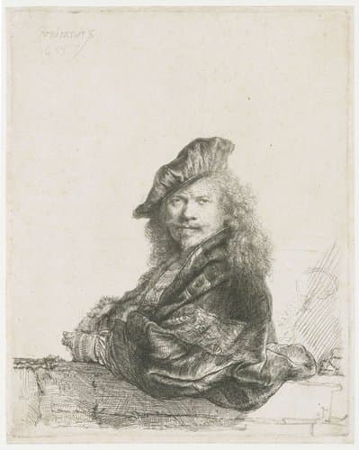 Zelfportret met de onderarm leunend op een stenen dorpel by Rembrandt van Rijn
