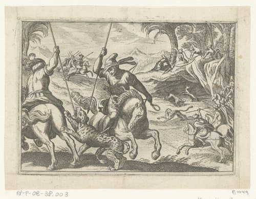 Twee mannen te paard doden een luipaard by anonymous