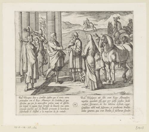 Ruy Velazquez vraagt Gonzalo Gustos een brief af te leveren bij koning Almanzor van Cordoba by Antonio Tempesta
