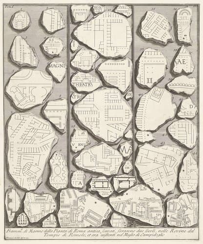 Marmerfragmenten met delen van een plattegrond van Rome by Giovanni Battista Piranesi