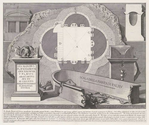 Plattegrond en fragmenten uit graftombe bij Vigna Casali by Giovanni Battista Piranesi