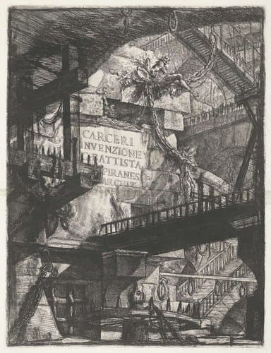Titelprent met gezicht in kerker en titel op muur by Giovanni Battista Piranesi