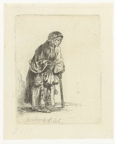 Bedelares, leunend op een stok, naar rechts by Rembrandt van Rijn
